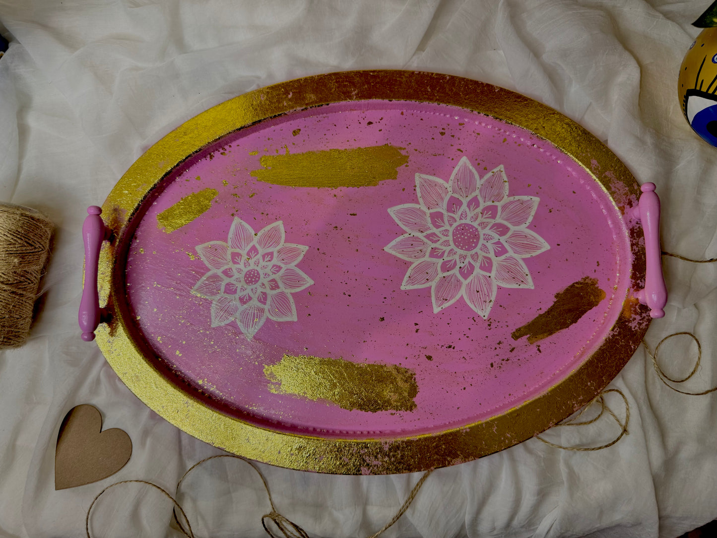 Hand-Painted Serving & Decorative Tray – Pink & Gold