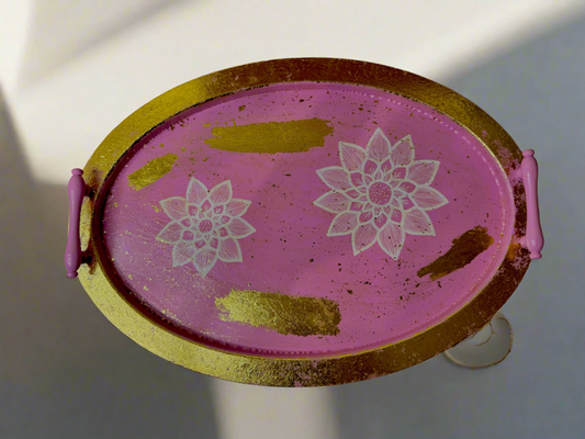 Hand-Painted Serving & Decorative Tray – Pink & Gold